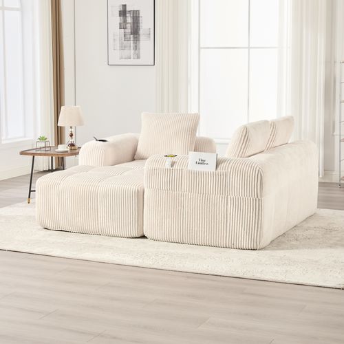Canapé Modulable 253x158x61cm, Poches Latérales Et Porte Gobelets, 3 Coussins, Velours Côtelé Beige