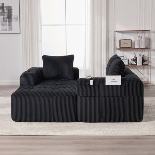 Canapé Compact 253x158x61 Cm, Modulaire Avec Poches Latérales Et Porte Gobelet, Velours Côtelé Noir