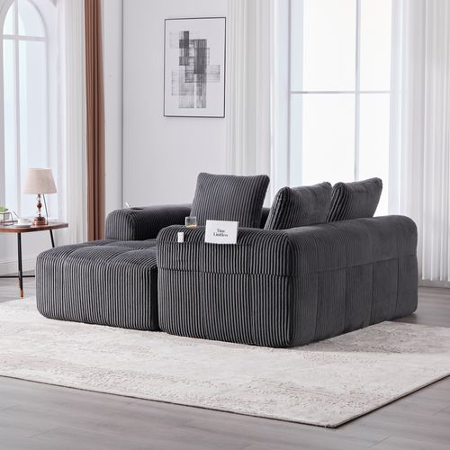 Canapé Modulable 253x158x61 Cm, Poches Latérales, Porte-gobelets, Velours Côtelé, Gris Foncé