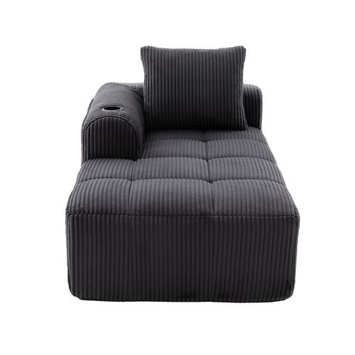 Méridienne Compact 158x93x61 Cm, Poches Latérales, Porte-gobelets, Velours Côtelé, Gris Foncé