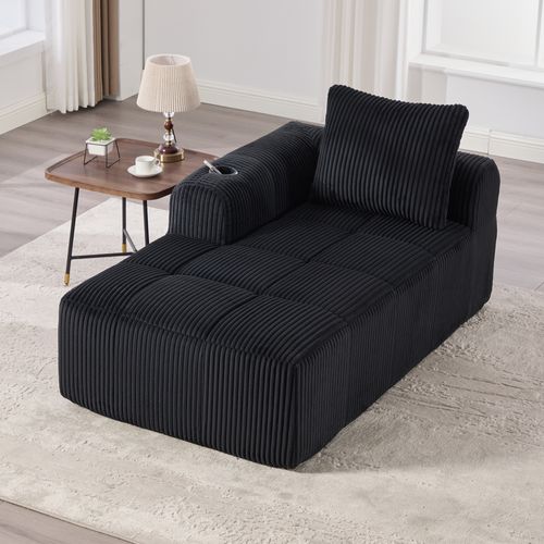 Méridienne Compact 158x93x61 Cm, Poches Latérales Et Porte-gobelet, Velours Côtelé, Confort, Noir