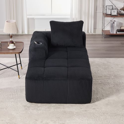 Méridienne Compact 158x93x61 Cm, Poches Latérales Et Porte-gobelet, Velours Côtelé, Confort, Noir