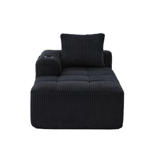 Méridienne Compact 158x93x61 Cm, Poches Latérales Et Porte-gobelet, Velours Côtelé, Confort, Noir