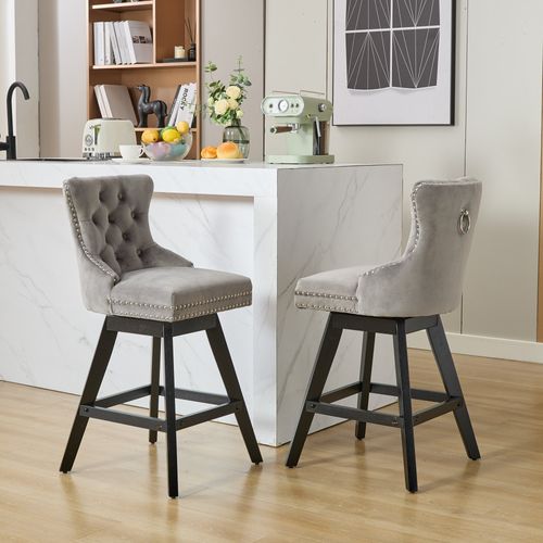 Lot De 2 Tabourets De Bar Pivotants, Assise 360 Degres, Velours, Pieds En Bois, Couleur Gris