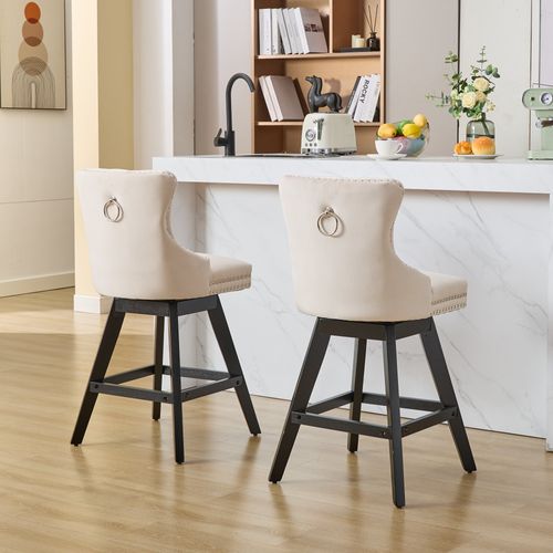 Lot De 2 Tabourets De Bar Pivotants, Assise 360 Degres, Velours, Pieds En Bois, Couleur Beige