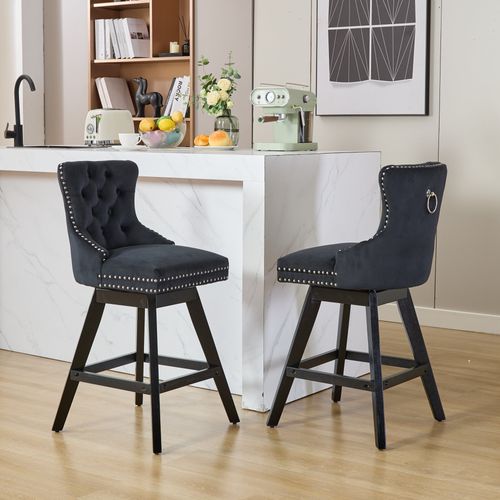 Lot De 2 Tabourets De Bar Pivotants, Assise 360 Degres, Velours, Pieds En Bois, Couleur Noir