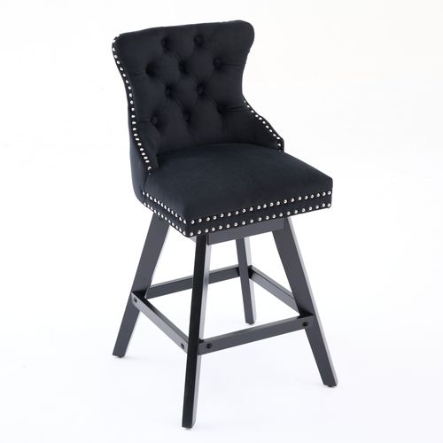 Lot De 2 Tabourets De Bar Pivotants, Assise 360 Degres, Velours, Pieds En Bois, Couleur Noir