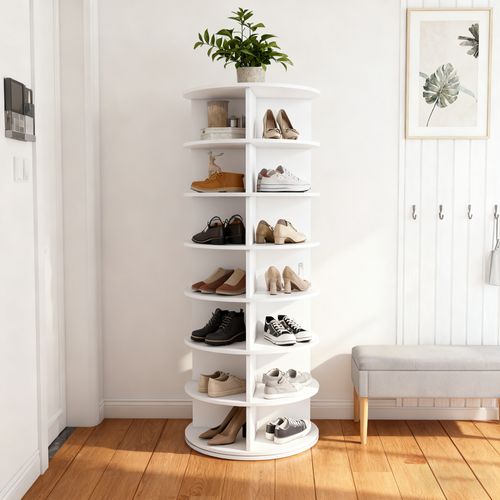 Étagère à Chaussures 60x60x161 Cm, Tour Rotative 360° 7 Niveaux 28 Paires, Pvc, Blanc