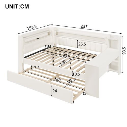 Lit Gigogne 140x200 Cm, LED, Ports USB, 1 Bureau, Compartiments Latéraux, Mdf, Contreplaqué, Blanc