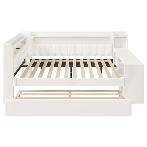 Lit Gigogne 140x200 Cm, LED, Ports USB, 1 Bureau, Compartiments Latéraux, Mdf, Contreplaqué, Blanc