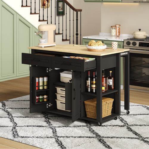 Îlot De Cuisine 120x77x93cm, Table Bar Extensible Avec Prises, 2 Tiroirs, 2 Portes, Mdf, Noir+bois