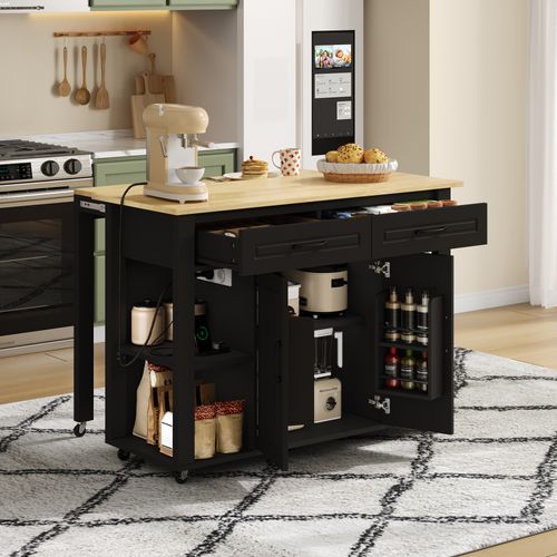 Îlot De Cuisine 120x77x93cm, Table Bar Extensible Avec Prises, 2 Tiroirs, 2 Portes, Mdf, Noir+bois