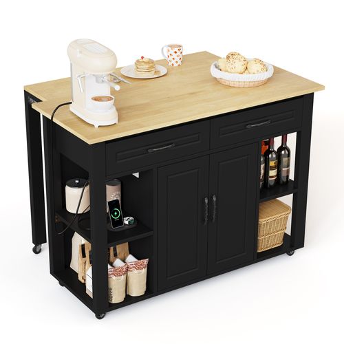 Îlot De Cuisine 120x77x93cm, Table Bar Extensible Avec Prises, 2 Tiroirs, 2 Portes, Mdf, Noir+bois