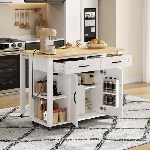 Îlot De Cuisine 120x77x93 Cm, Table Bar Extensible Avec Prises, 2 Tiroirs, 2portes, Mdf, Blanc+bois