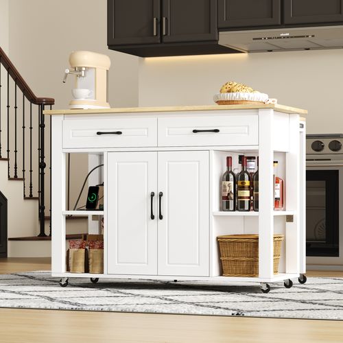 Îlot De Cuisine 120x77x93 Cm, Table Bar Extensible Avec Prises, 2 Tiroirs, 2portes, Mdf, Blanc+bois