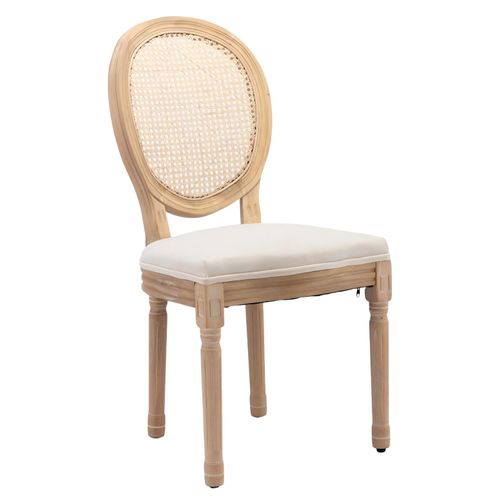 Lot De 2 Chaises 59,5x49x95 Cm, Style Français Ancien, Dossier En Rotin, Cadre En Bois, Lin Beige