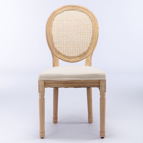 Lot De 2 Chaises 59,5x49x95 Cm, Style Français Ancien, Dossier En Rotin, Cadre En Bois, Lin Beige