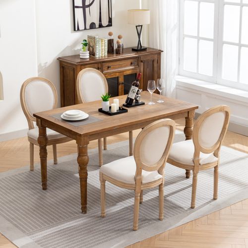 Lot De 2 Chaises De Salle à Manger 59,5x49x95 Cm, Style Français Ancien, Cadre En Bois, Lin Beige