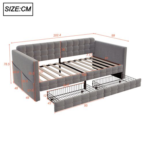 Lit Simple 90x190 Cm Avec Rangement, Lit Enfant, 2 Tiroirs Et 4 Poches Latérales, Velours Gris