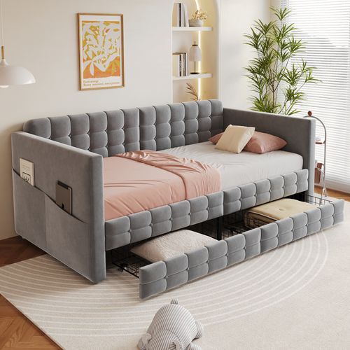 Lit Simple 90x190 Cm Avec Rangement, Lit Enfant, 2 Tiroirs Et 4 Poches Latérales, Velours Gris