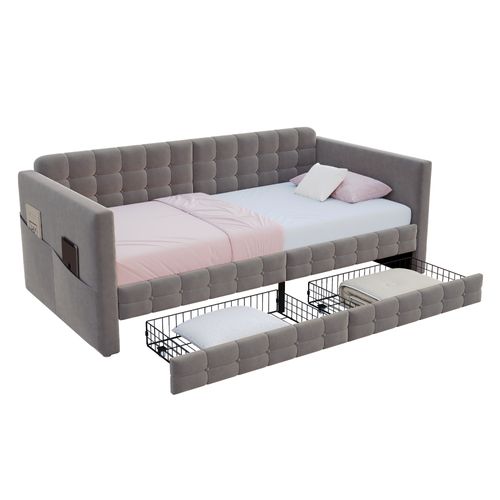 Lit Simple 90x190 Cm Avec Rangement, Lit Enfant, 2 Tiroirs Et 4 Poches Latérales, Velours Gris