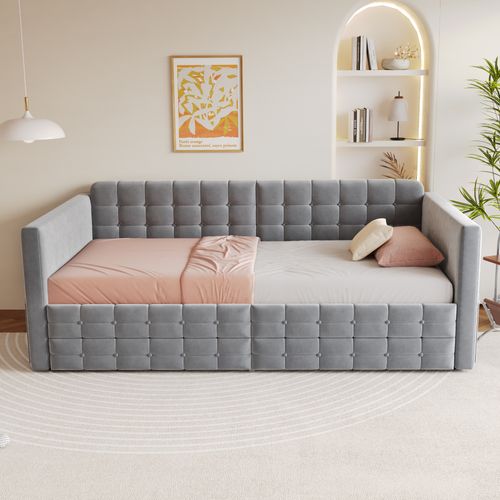 Lit Simple 90x190 Cm Avec Rangement, Lit Enfant, 2 Tiroirs Et 4 Poches Latérales, Velours Gris