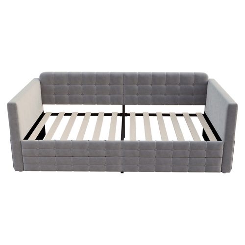 Lit Simple 90x190 Cm Avec Rangement, Lit Enfant, 2 Tiroirs Et 4 Poches Latérales, Velours Gris