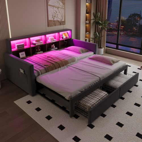 Lit Gigogne 90/180 X190 Cm Avec Rangement, LED, Ports USB, 8 Niches, 2 Tiroirs, Velours Gris Foncé