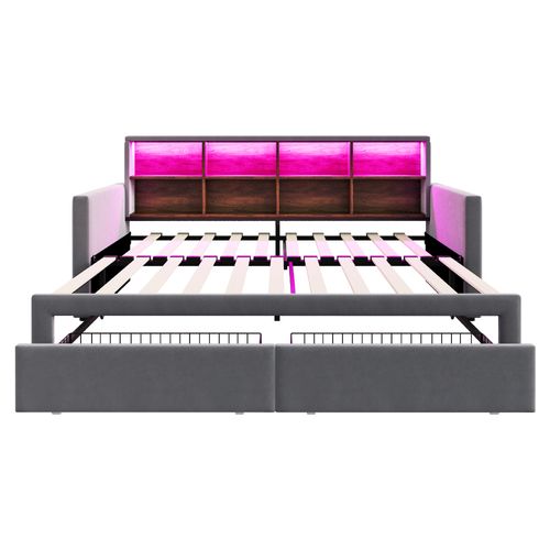 Lit Gigogne 90/180 X190 Cm Avec Rangement, LED, Ports USB, 8 Niches, 2 Tiroirs, Velours Gris Foncé