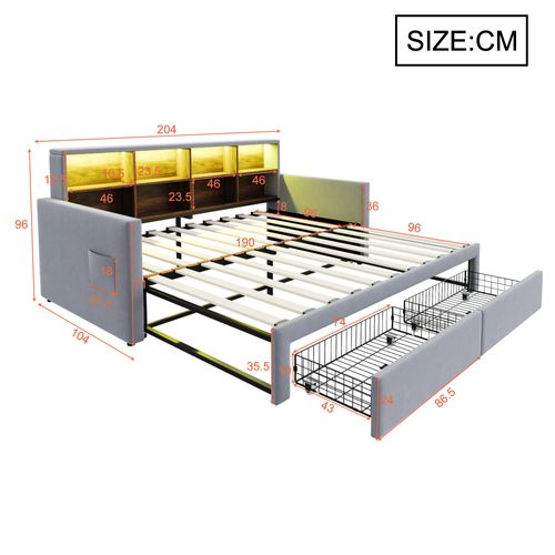 Lit Gigogne 90/180 X190 Cm Avec Rangement, LED, Ports USB, 8 Niches, 2 Tiroirs, Velours Gris Clair