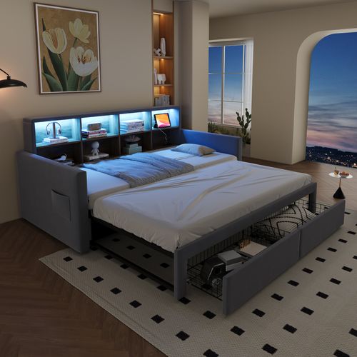 Lit Gigogne 90/180 X190 Cm Avec Rangement, LED, Ports USB, 8 Niches, 2 Tiroirs, Velours Gris Clair
