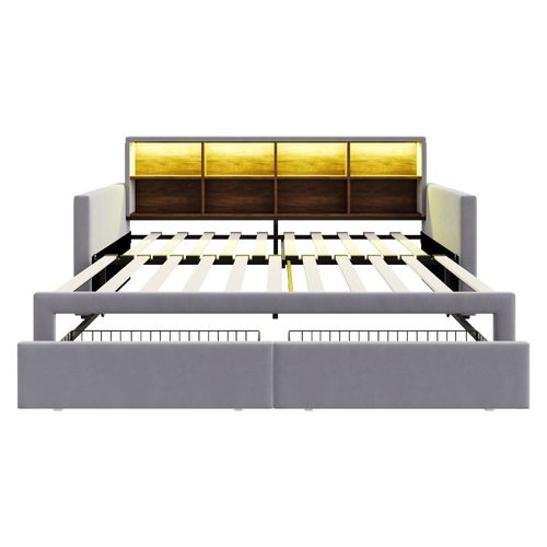 Lit Gigogne 90/180 X190 Cm Avec Rangement, LED, Ports USB, 8 Niches, 2 Tiroirs, Velours Gris Clair