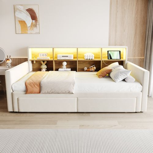 Lit Gigogne 90/180 X190 Cm Avec Rangement, LED, Ports USB, 8 Niches, 2 Tiroirs, Velours Beige