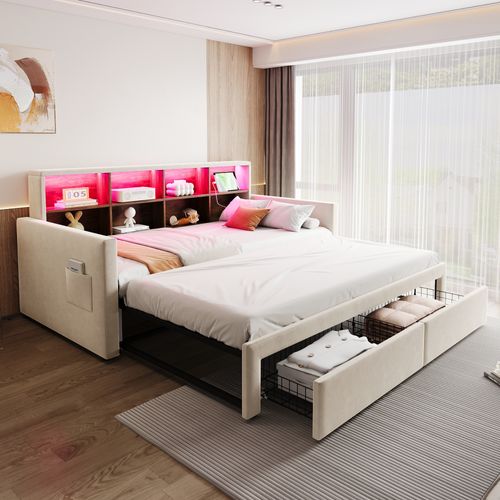 Lit Gigogne 90/180 X190 Cm Avec Rangement, LED, Ports USB, 8 Niches, 2 Tiroirs, Velours Beige