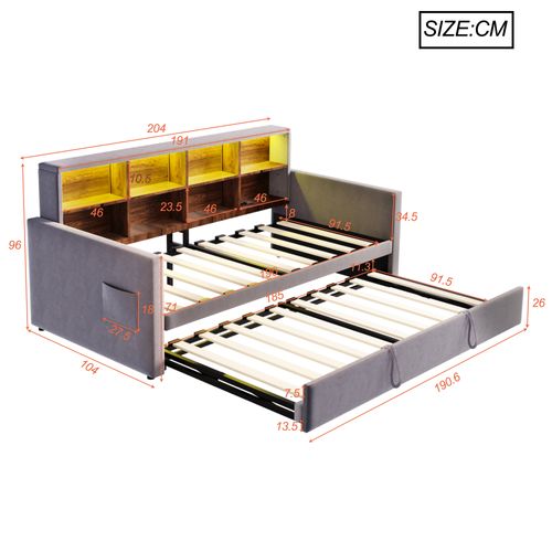 Lit Gigogne 90x190 Cm, Convertible En Lit 180x190 Cm, Rangement, 8 Niches, LED, Velours Gris Foncé