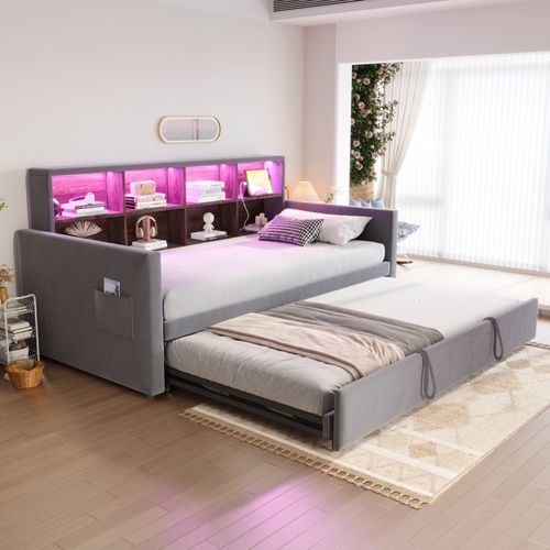 Lit Gigogne 90x190 Cm, Convertible En Lit 180x190 Cm, Rangement, 8 Niches, LED, Velours Gris Foncé
