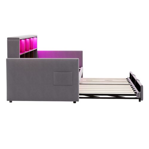 Lit Gigogne 90x190 Cm, Convertible En Lit 180x190 Cm, Rangement, 8 Niches, LED, Velours Gris Foncé