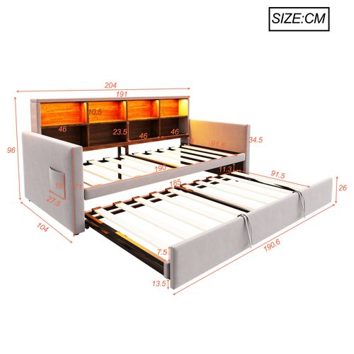Lit Gigogne 90x190 Cm, Convertible En Lit 180x190 Cm, Rangement, 8 Niches, LED, Velours Gris Clair