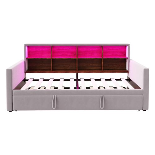 Lit Gigogne 90x190 Cm, Convertible En Lit 180x190 Cm, Rangement, 8 Niches, LED, Velours Gris Clair