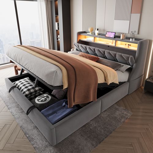 Lit Coffre 180x200 Cm, Tête De Lit Rabattable Avec Prises USB Et Type C Et LED, Velours Gris
