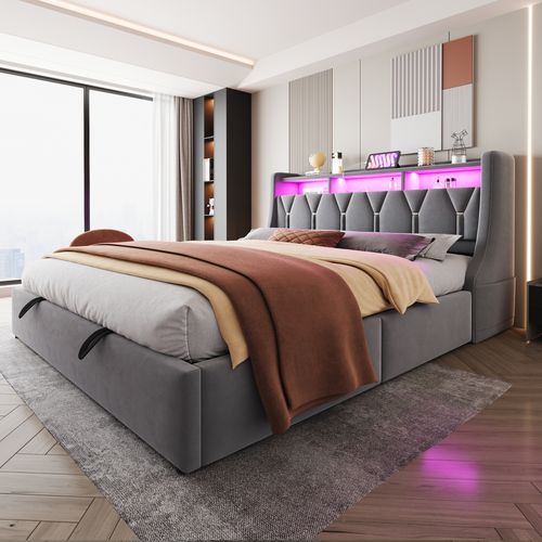 Lit Coffre 180x200 Cm, Tête De Lit Rabattable Avec Prises USB Et Type C Et LED, Velours Gris