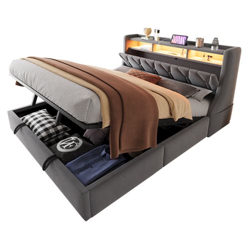 Lit Coffre 180x200 Cm, Tête De Lit Rabattable Avec Prises USB Et Type C Et LED, Velours Gris