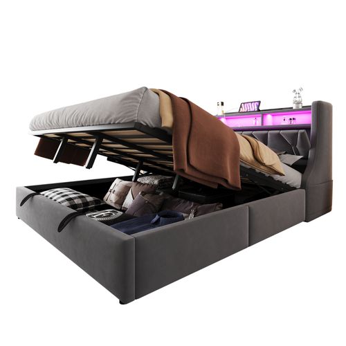 Lit Coffre 180x200 Cm, Tête De Lit Rabattable Avec Prises USB Et Type C Et LED, Velours Gris