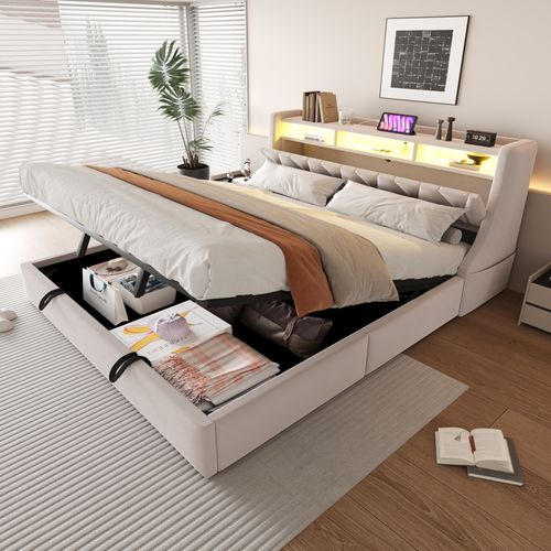 Lit Coffre 180x200 Cm, Tête Rabattable, Prises USB Et LED, Rangement Hydraulique, Velours Beige