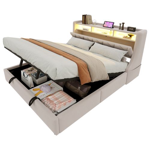 Lit Coffre 180x200 Cm, Tête Rabattable, Prises USB Et LED, Rangement Hydraulique, Velours Beige