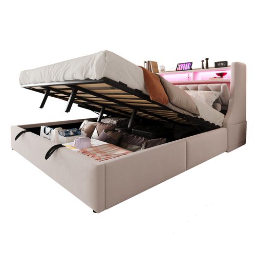 Lit Coffre 180x200 Cm, Tête Rabattable, Prises USB Et LED, Rangement Hydraulique, Velours Beige