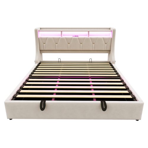 Lit Coffre 180x200 Cm, Tête Rabattable, Prises USB Et LED, Rangement Hydraulique, Velours Beige