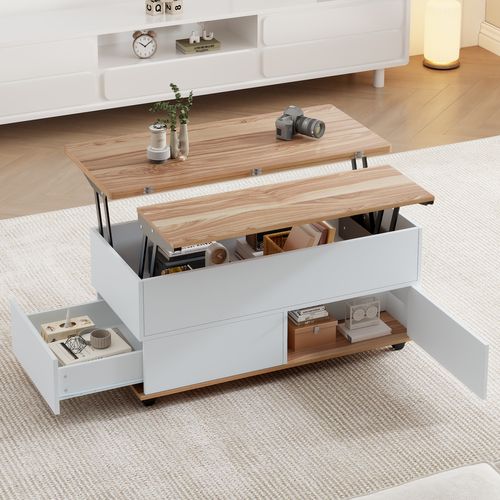 Table Basse 100x98x65 Cm, Plateau Relevable, Tiroir, Porte, Rangement Caché, 2 Niches, Blanc+bois