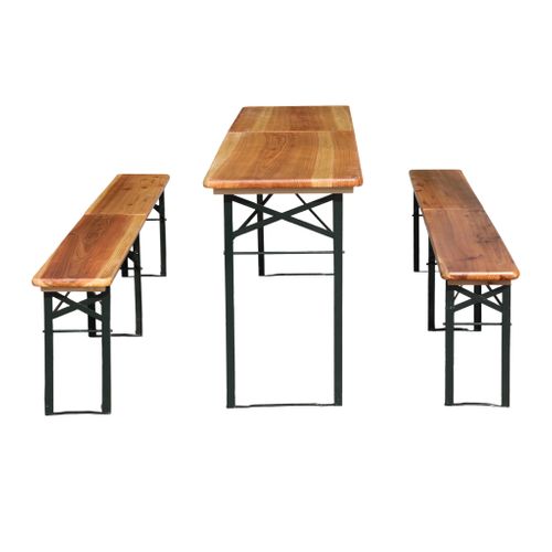 Ensemble Table De Jardin Pliante 220x50x78 Cm Et 2 Bancs, 3 Pièces, Bois, Métal, Couleur Bois+noir