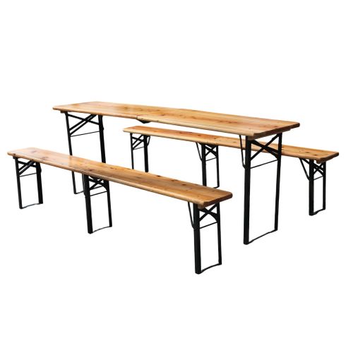 Ensemble Table De Jardin Pliante 220x50x78 Cm Et 2 Bancs, 3 Pièces, Bois, Métal, Couleur Bois+noir